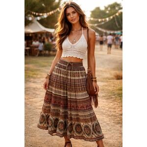 VTG 90s Y2K Multi Print Gauze Midi Skirt Boho Festival Indie Hippie Cottage S/M